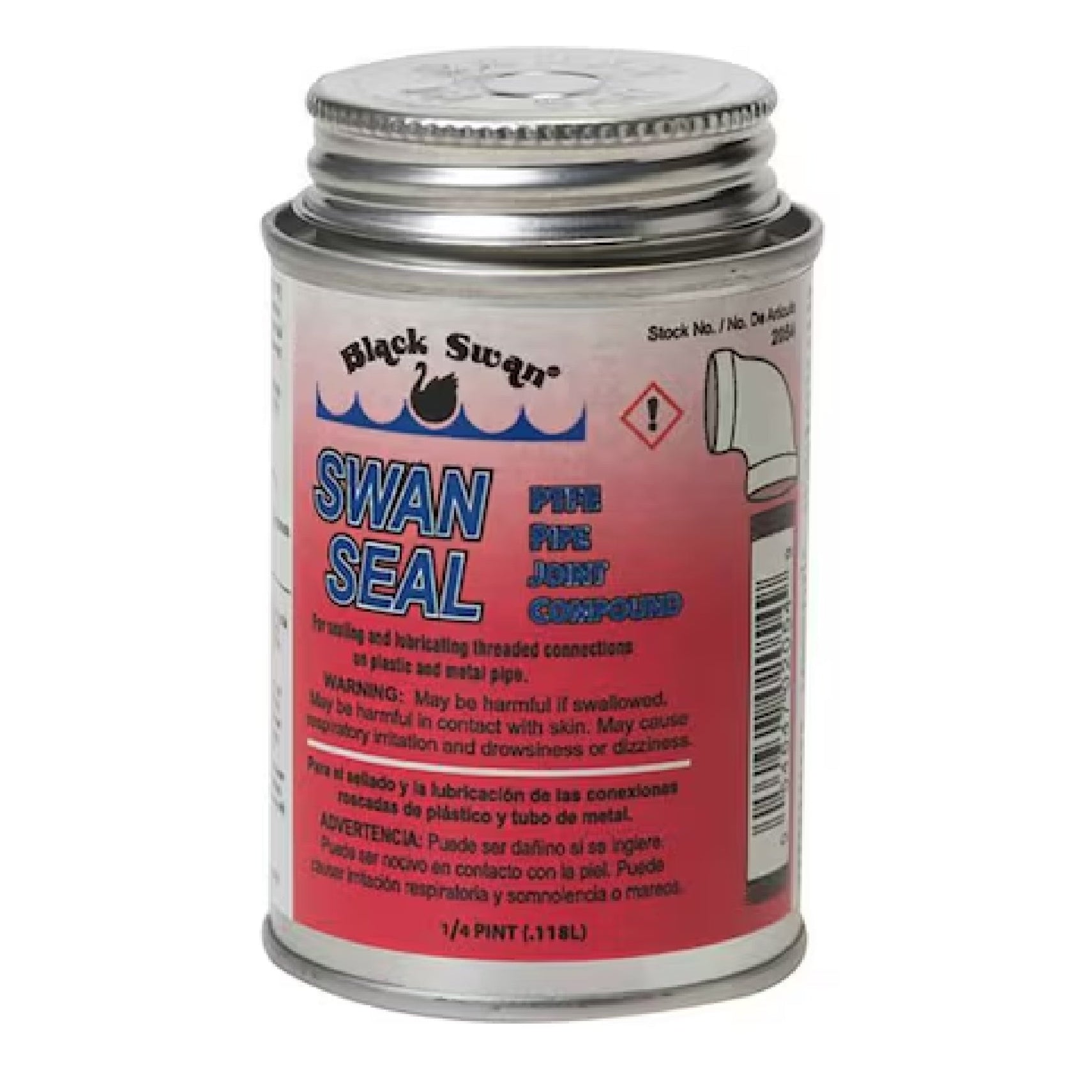 A 4 oz. BLACK SWAN 02054 Swan Seal PTFE Pipe Joint Compound comes in a metal can with screw-on lid and applicator brush; the red and blue label provides leak protection warnings and details in English and Spanish.
